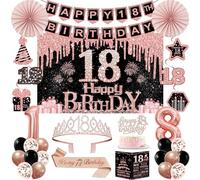Lot de 32 décorations de fête d'anniversaire pour 18e anniversaire, y compris fond, couronne, écharpe, bannière, tourbillon suspendu, décoration de gâteau, ballons, éventails en papier, carte