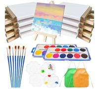 Lot de 32 mini toiles et chevalets XingyLi 8 petits tableaux d'art en toile avec 8 chevalets triangulaires d'artiste, 8 pinceaux, 4 palettes de mélange, 2 tabliers de peinture et 2 peintures