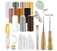 Lot de 32 outils de couture pour cuir avec aiguilles pour cuir, fil ciré, alêne, alêne, aiguilles et mètre ruban, pour bricolage, couture, artisanat, couture à la main, multicolore