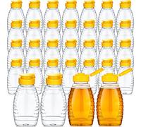 Lot de 32 pots à miel vides en plastique transparent de 250 ml avec bouchons rechargeables, étanches, avec couvercle à rabat pour le stockage de la distribution - Jaune