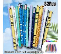 Lot de 32 stylos effaçables colorés (8 stylos + 24 recharges) 0,5 mm, design Zoo Astronaut, pour le bureau, l'école et la maison 32pcs