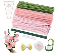 Lot de 320 cure-pipes pour bricoler, cure-pipes, fleurs, fil chenille épais, 30 cm de long, vert et rose, avec fil floral, kit de bricolage pour décoration DIY (série rose)