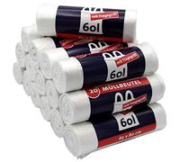 Lot de 320 sacs poubelles avec poignée de transport, 60 litres, 20 pièces par rouleau, indéchirables et étanches, produit et emballage recyclables (lot de 16)