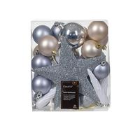 Lot de 33 boules de Noël en plastique 5-8 cm avec pointe de sapin de Noël incassables Mélange bleu clair - Argent - Perle - Blanc d'hiver