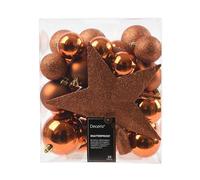 Lot de 33 boules de Noël en plastique avec étoile - Incassables - Boules de Noël et pointe de sapin de Noël - Décoration de Noël et décoration de sapin de Noël - Orange chaud