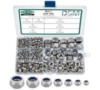 Lot de 330 écrous de sécurité conformes aux normes DIN 985/ISO 10511 - Forme basse - En acier inoxydable A2 V2A - Écrous hexagonaux autobloquants - Tailles M3 M4 M5 M6 M8 M10 M12