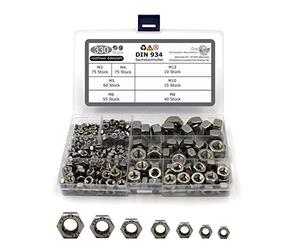 Lot de 330 écrous hexagonaux DIN 934 / ISO 4032 Standard en acier inoxydable A2 V2A Écrou à vis en acier inoxydable Taille M3-M12 (330 pièces)