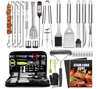 Lot de 34 accessoires de barbecue en acier inoxydable avec étui de transport, spatule, pince, brochettes, thermomètre, tapis de gril