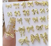 Lot de 34 breloques nœud papillon en métal doré 3D pour ongles, breloques pour ongles, différentes formes, nœud français, charme kawaii, esthétique, arc, accessoires pour ongles