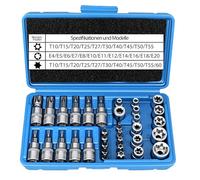 Lot de 34 clés à douille : E4-E20 T10-T60 femelle et mâle inserts pour ouille avec embout Torx T10-T55 et adaptateur de 3/8"