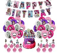 Lot de 34 décorations d'anniversaire Monster H avec bannière, ballons monstres, décorations de gâteaux et cupcakes, fournitures de fête sur le thème des filles monstres pour enfants