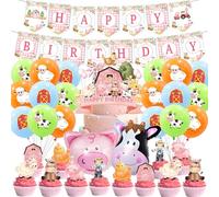 Lot de 34 décorations de fête d'animaux de la ferme, bannière Happy Birthday, ballons de fête animale, accessoires de décoration de fête pour garçons et filles