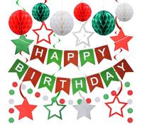 Lot de 34 décorations de fête d'anniversaire de Noël - Bannière « Happy Birthday » rouge, vert et blanc avec boules en nid d'abeille, étoiles suspendues et guirlandes tourbillons pour les fêtes de