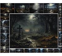 Lot de 35 feuilles de papier pour découpage - 15,2 x 20,3 cm - Cimetières hantés sombres et villes effrayantes - Flonz nocturne d'Halloween - Illustration vintage - Cartes pour découpage, artisanat et