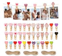 Lot de 35 mini pince à linge en bois en forme de cœur - Petites pinces colorées - Pour suspendre photos, mariage, fête, mur photo - Décoration DIY