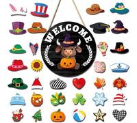 Lot de 35 panneaux de bienvenue interchangeables en forme de vache des hautes terres avec chapeaux amovibles et accessoires décoratifs en bois rustique pour décoration de maison, extérieur (MZ982B)