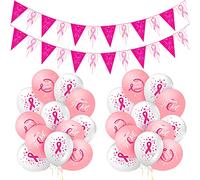 Lot de 36 ballons de sensibilisation au cancer du sein avec ruban rose et 2 bannières de sensibilisation au cancer du sein avec ruban rose - Bannière espoir - Foi - Force - Courage - Décoration murale