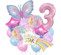 Lot de 36 ballons géants arc-en-ciel en forme d'étoile et de papillon - Ballons surdimensionnés en aluminium avec chiffres roses pour décoration de fête d'anniversaire, célébrations d'intérieur