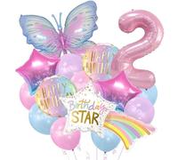 Lot de 36 ballons géants arc-en-ciel en forme d'étoile et de papillon - Ballons surdimensionnés en aluminium avec chiffres roses pour décoration de fête d'anniversaire, célébrations d'intérieur