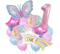 Lot de 36 ballons géants arc-en-ciel en forme d'étoile et de papillon - Ballons surdimensionnés en aluminium avec chiffres roses pour décoration de fête d'anniversaire, célébrations d'intérieur