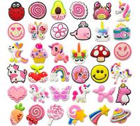 Lot de 36 breloques croco roses mignonnes pour filles et enfants - Breloques Kawaii papillon, cœur, licorne, arc-en-ciel, animal, fruits, crème glacée, sucettes et visage heureux, adorables