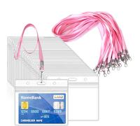 Lot de 36 cordons roses pour tour de cou avec 36 porte-cartes en plastique transparent - Porte-badges horizontaux et étanches avec cordon pour cartes d'identité, bureau, école, laissez-passer de bus