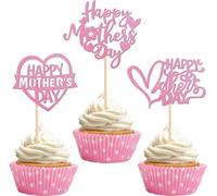 Lot de 36 décorations de cupcake « Happy Mother's Day » à paillettes en forme de cœur « I love you Mom » - Décoration de gâteau pour fête d'anniversaire - Rose