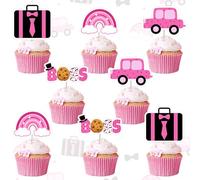 Lot de 36 décorations de cupcakes sur le thème du patron pour filles - Rose vif - Décorations de fête d'anniversaire sur le thème du patron de voiture pour bébé garçon - 1er, 2e et 3e anniversaire