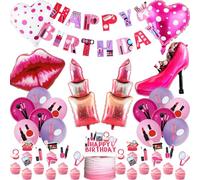 Lot de 36 décorations de fête d'anniversaire pour filles - Bannière de ballons pour fête spa, rouge à lèvres, lèvres en aluminium, cœur, talons hauts, fournitures pour filles, femmes, maquillage