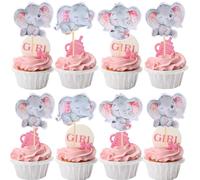 Lot de 36 décorations pour cupcakes éléphant It's a girl Éléphant Décoration de gâteau d'anniversaire bébé éléphant Décoration pour éléphant thème anniversaire genre reveal bébé fête décoration rose