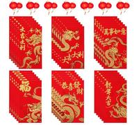 Lot de 36 enveloppes rouges chinoises, paquets d'argent pour le Nouvel An lunaire avec bénédictions 3D estampillées dorées et motifs dragon, enveloppes rouges porte-bonheur pour festival du printemps
