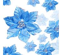 Lot de 36 Fleurs de Poinsettia artificielles à Paillettes - 3 Tailles - étoiles de Noël - Décoration pour Noël, Nouvel an, Maison, extérieur (Bleu, 7,6 cm / 10 cm / 15 cm)