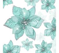Lot de 36 fleurs de poinsettia artificielles à paillettes - 3 tailles - étoiles de Noël - Décoration pour Noël, Nouvel An, maison, extérieur (bleu-vert, 7,6 cm / 10 cm / 15 cm)