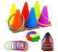 Lot de 36 jeux de lancer d'anneaux 3 en 1 - Combinaison de carnaval - Avec poufs, marqueurs coniques en plastique et sac de transport - Pour enfants
