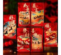 Lot de 36 paquets de papier cartonné robuste rouge pour CNY | Thème de l'année du cheval, lot de 6, design de prospérité de bon augure, essentiel de festival traditionnel