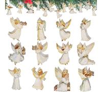 Lot de 36 pendentifs en forme d'ange de Noël - En bois - Petits anges avec ficelle - Décoration de sapin de Noël - Figurines de décoration de sapin de Noël - Porte-bonheur