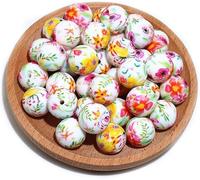 Lot de 36 perles en silicone pour fabrication de bracelets, porte-clés - 15 mm - Imprimé fleur et feuille - Perles en silicone - Perles en vrac pour colliers, loisirs créatifs, bijoux (fleur 311-15