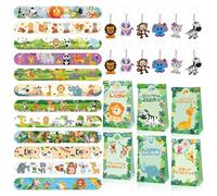 Lot de 36 petits cadeaux d'anniversaire pour enfants, avec 12 bracelets Slap pour enfants, 12 porte-clés, 12 sacs cadeaux pour enfants, garçons, safari, animaux de la forêt, fête à thème