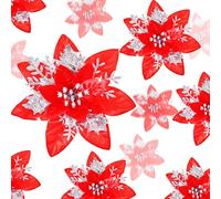 Lot de 36 Poinsettia artificielles à Paillettes avec Clips pour Cadeaux de fête, 15,2 cm, 10,2 cm, 7,6 cm (Rouge et Argent)