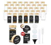 Lot de 36 pots à épices carrés avec étiquettes - En verre - 120 ml - Avec insert à saupoudrer - Étiquettes imperméables - Rangement des épices pour le tiroir de cuisine - Salière à épices en grain de