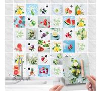 Lot de 36 Stickers Cuisine Salle de Bain et Cuisine - PVC avec citron et fruits - Imperméables à l'huile - Carrés - Pour carrelage mural, armoire, meubles (10x10)