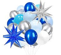Lot de 37 ballons bleus et blancs, ballons en forme d'étoile explosive et ballons transparents argentés, adaptés pour décorer les fêtes d'anniversaire, les événements à thème et les décorations de