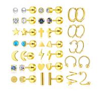 Lot de 38 boucles d'oreilles en acier inoxydable plaqué or 14 carats pour homme et femme - Petites boucles d'oreilles créoles à dos plat - Boucles d'oreilles hypoallergéniques en oxyde de zirconium