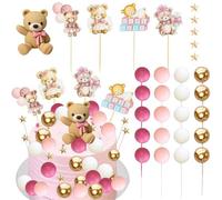 Lot de 38 boules de décoration de gâteau en forme d'ours, beige et marron, décoration de gâteau de luxe, décoration de gâteau bohème, ours en peluche (38, rose, blanc, doré)