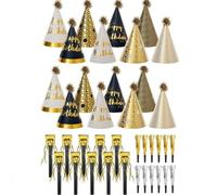 Lot de 38 chapeaux de fête dorés - 16 cônes de fête d'anniversaire et 22 faiseurs de bruit - Chapeaux métalliques de fête pour adultes - Fournitures de décoration NYE et chapeaux de fête NYE