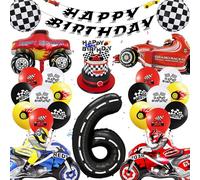Lot de 39 ballons décoratifs pour fête d'anniversaire de voiture de course, avec chiffre 6, ballon noir, grille de course, ballon en aluminium pour fête d'anniversaire garçon de 6 ans