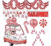 Lot de 39 décorations de voiturette de golf pour parade de Noël comprenant une bannière de Noël rouge et blanche, des serpentins de sucre d'orge, des ballons à suspendre pour sapin de Noël