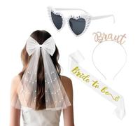 Lot de 4 accessoires de décoration pour enterrement de vie de jeune fille et fête de mariage - Avec voile blanc Bride to Be - Lunettes de soleil en forme de cœur