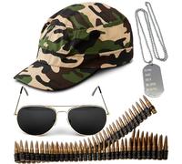 Lot de 4 accessoires de déguisement de l'armée - Accessoires de costume de l'armée d'Halloween avec chapeau camouflage, ceinture de balle, lunettes de soleil aviateur et collier pour chien - Costume