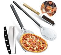 Lot de 4 accessoires de four à pizza perforés de 30,5 cm, pelle à pizza de 22,9 cm avec long manche antidérapant, pelle à pizza avec roulette à pizza et brosse de four, pour pain, tarte